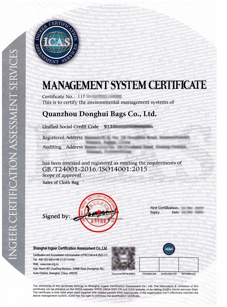Dh bag ISO Certification