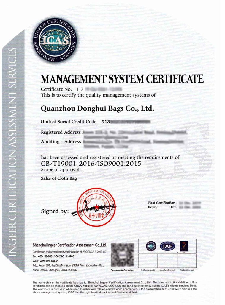 Dh bag ISO Certification