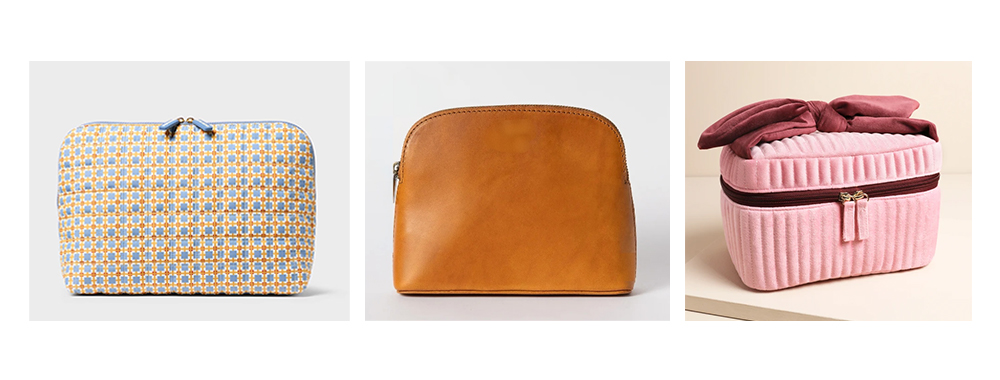 Cosmetic bag material display (from left to right):  canvas, leather, velvet
