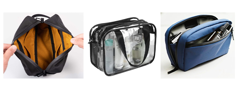 Material display of toiletries bag (from left to right):  Nylon， PVC，polyester