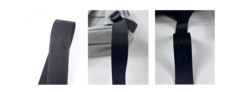 From left to right polypropylene webbing, polyester webbing, nylon webbing