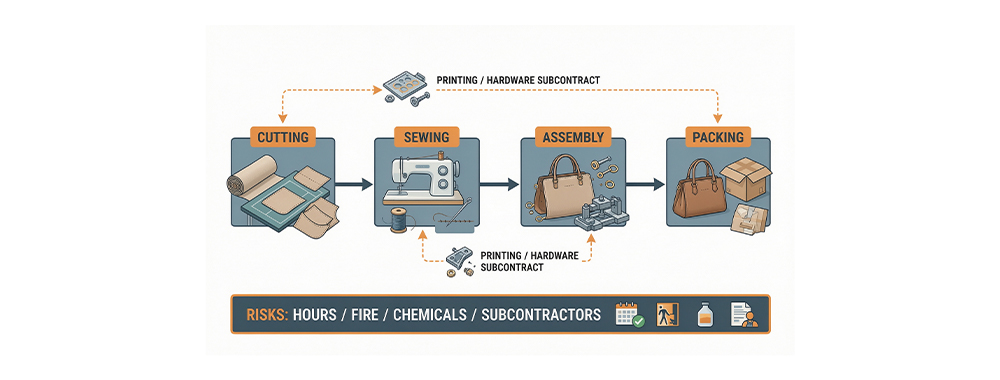 Bag‑factory workflow with subcontracting and key compliance risks