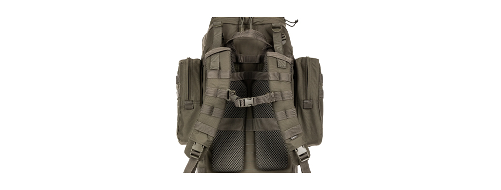 .Rear view of tactical backpack, showing assembled shoulder straps, sternum strap webbing and buckles