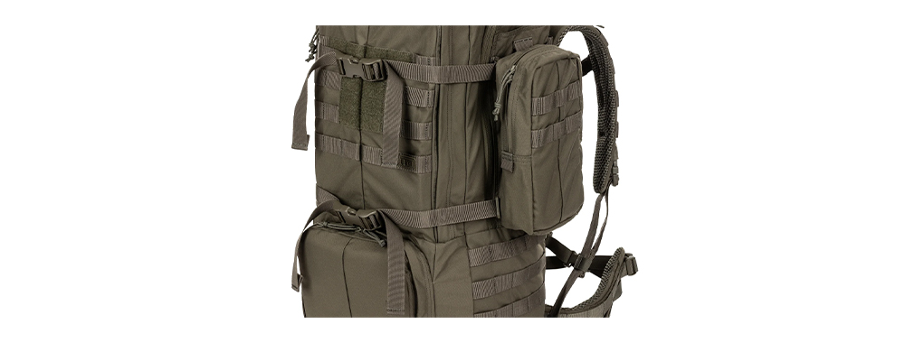 Backpack side view with compression straps and MOLLE system