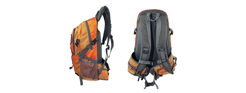 Hiking backpack side & rear view of strap‑buckle layout