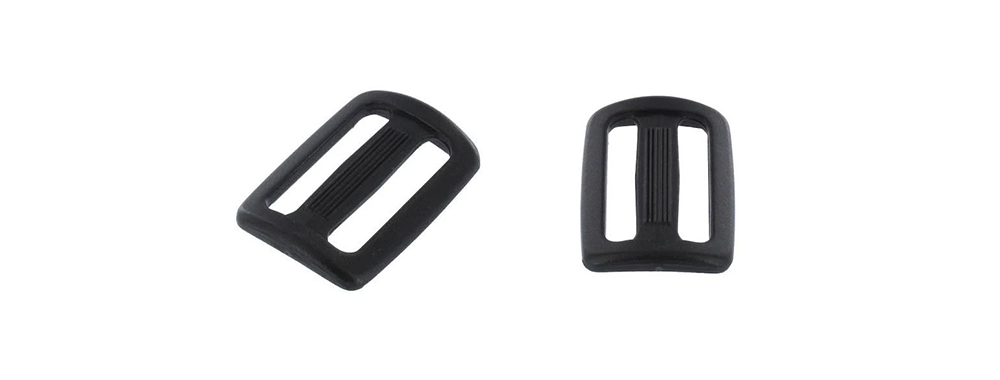 Plastic tri‑glide slide buckle, auxiliary fastener for backpack webbing managemen