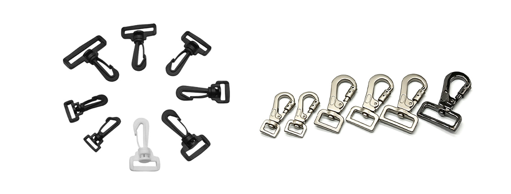 Various plastic and metal snap hooks for backpack hardware.